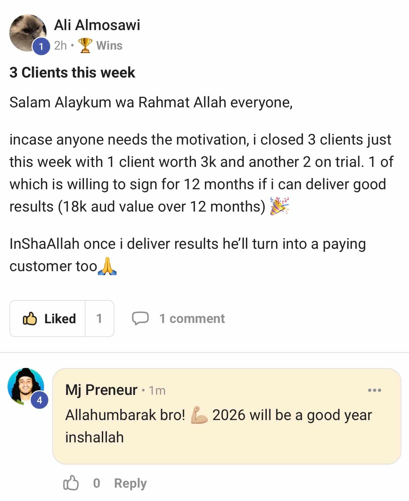 Ali&rsquo;s Skool community post: 3 clients closed in one week