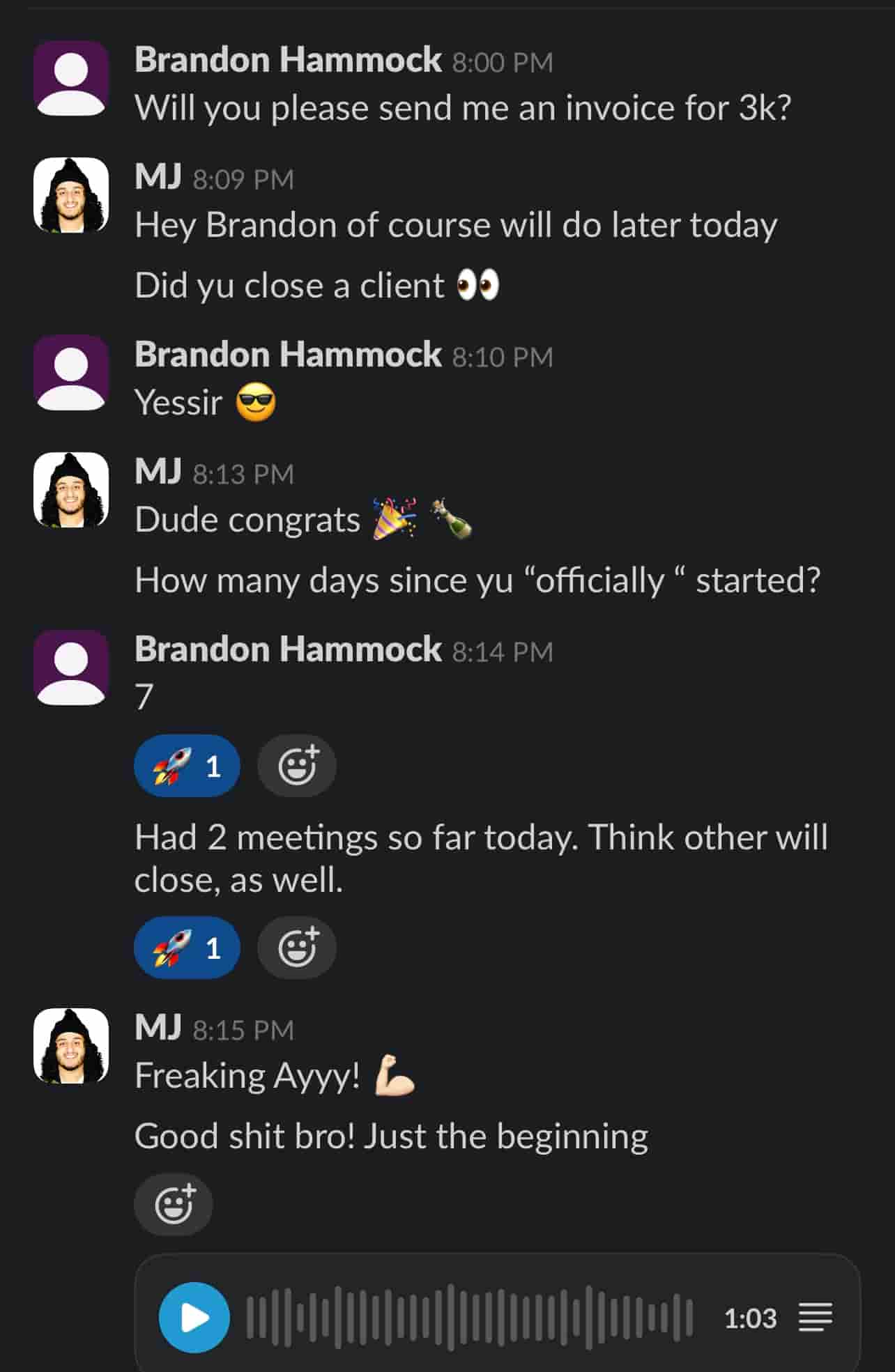 Brandon&rsquo;s DM exchange with MJ: invoice request and first client confirmed in 7 days