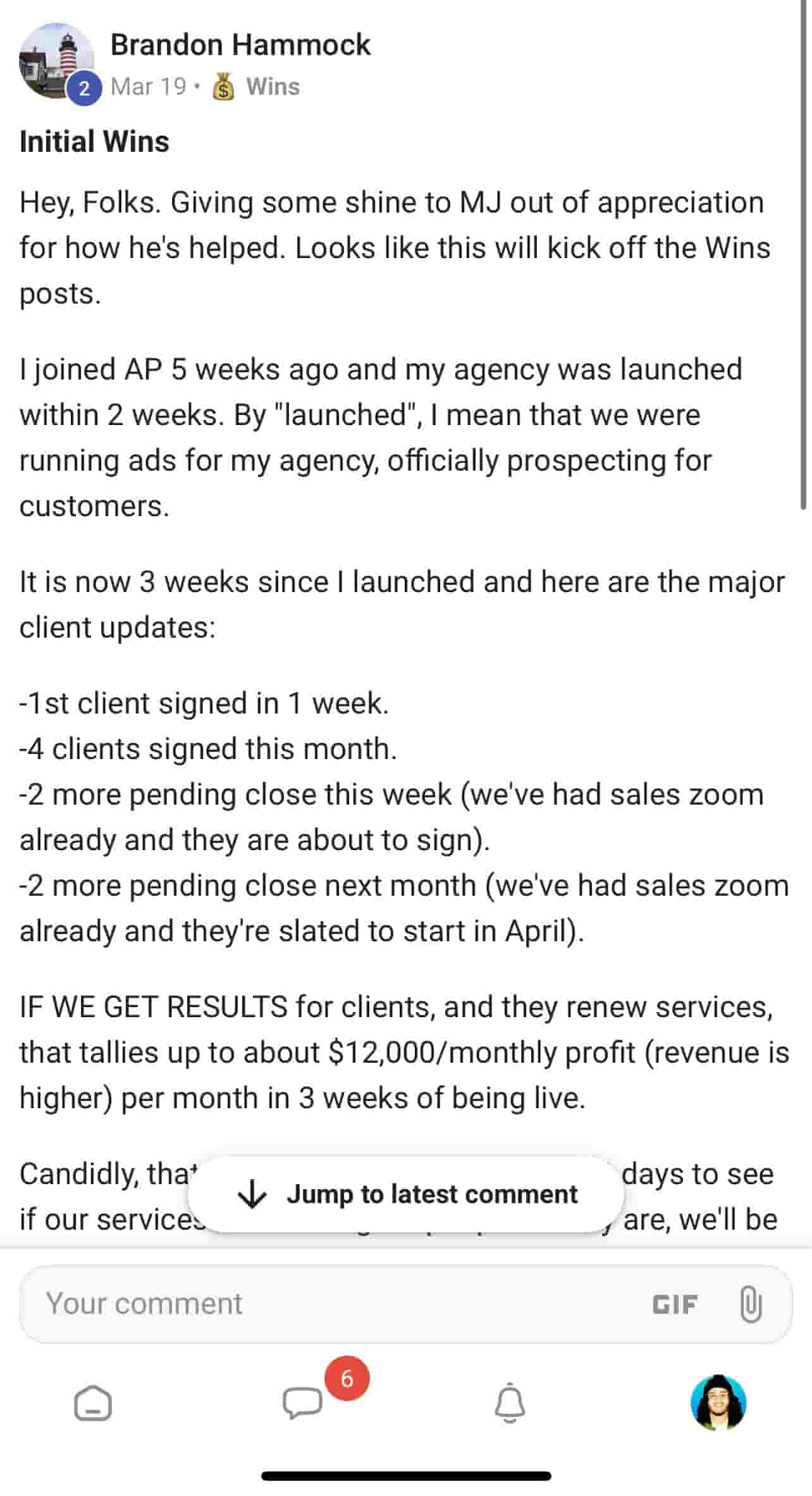 Brandon&rsquo;s community post: initial wins &mdash; 4 clients signed, 4 more pending, tracking toward $12K/mo