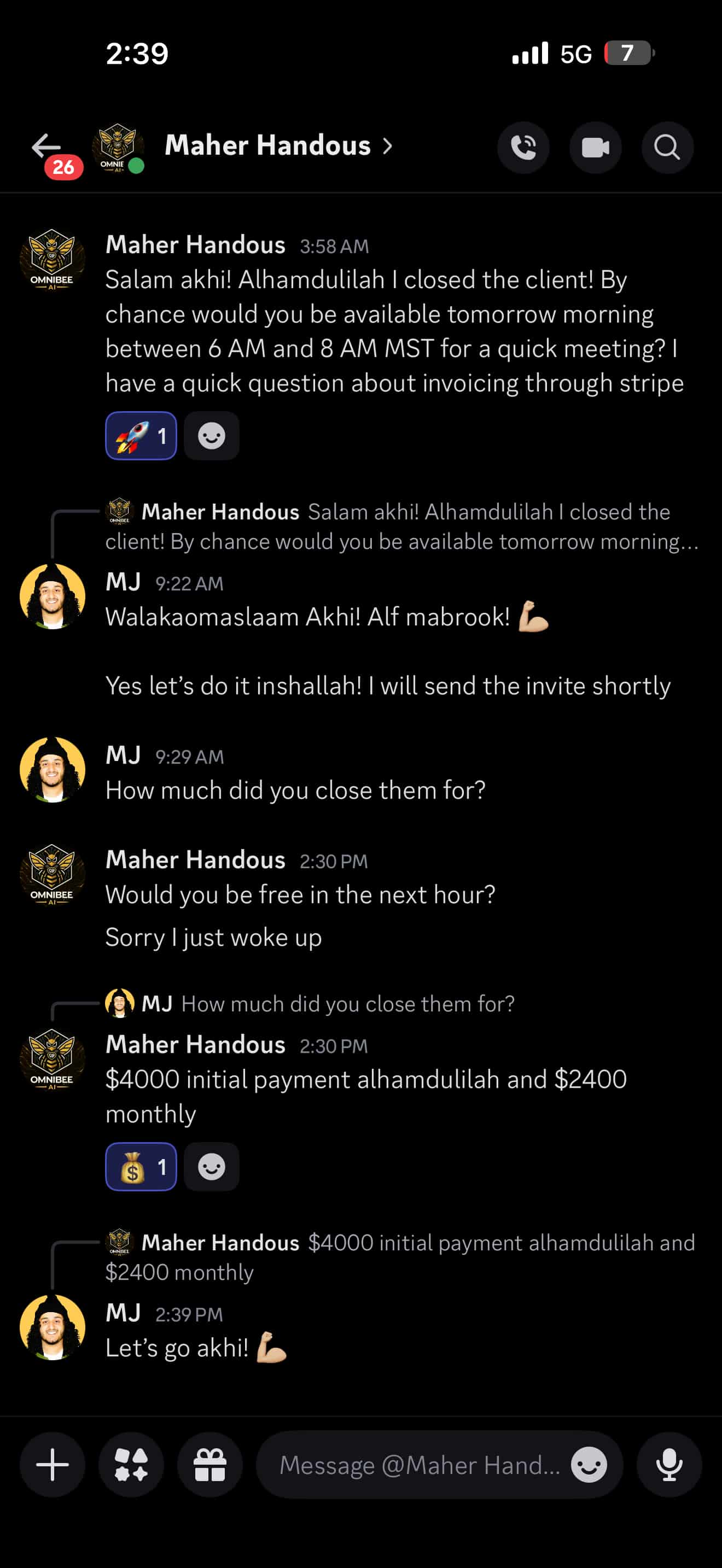Maher&rsquo;s community post: first client closed &mdash; $4,000 upfront and $2,400 MRR