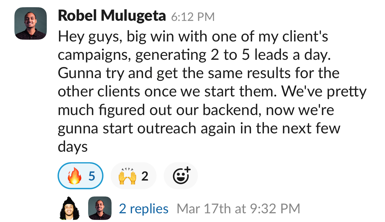 Robel&rsquo;s community post: client campaign generating 2-5 leads per day